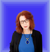 A photo of a woman with a blue background